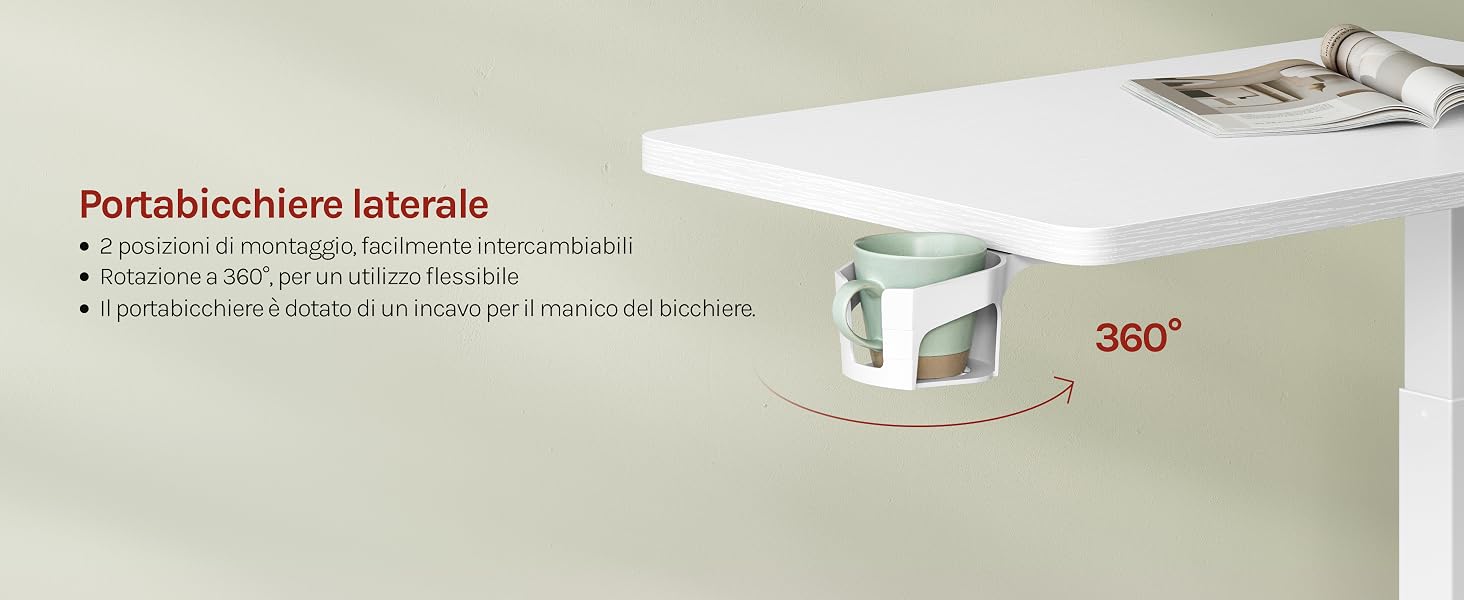 Il testo recita «Portablchchen laterale» e le specifiche includono dimensioni e misure. Organizer o portadocumenti bianco da parete o con clip mostrato con un angolo di 360 gradi.