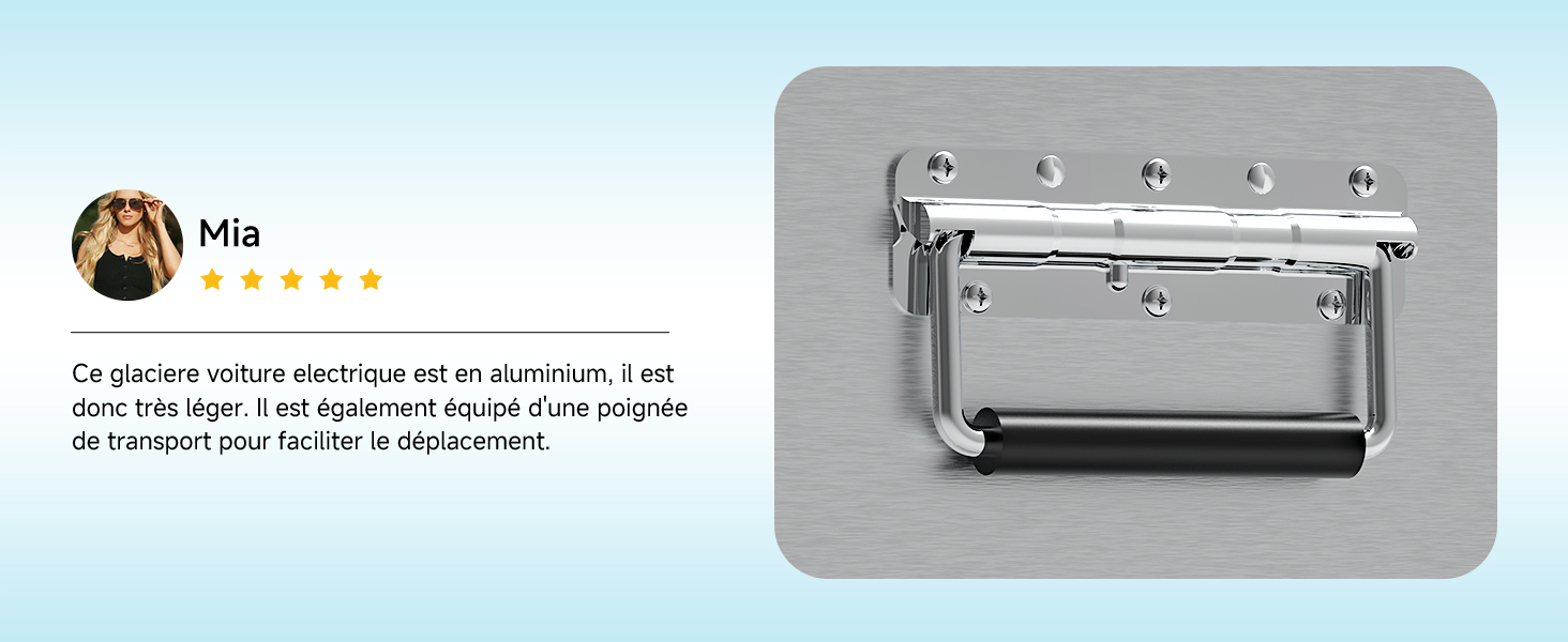 Le profil de l'utilisateur 'Mia' avec un nombre d'étoiles affiché. Texte partiellement visible concernant l'utilisation du produit sur une peau en aluminium. L'image montre un composant du produit ou un dispositif d'application en métal ou en argent.