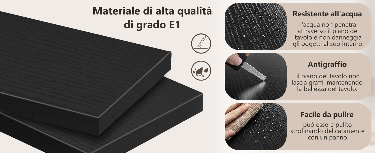 Fogli in materiale espanso nero con testo in italiano. I primi piani mostrano resistenza all'acqua, proprietà antigraffio e facilità di pulizia. Il materiale appare denso