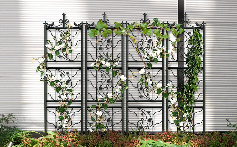 Set 2 Grigliati per Rampicanti, in Metallo 195x50cm Design ad Archi Fiori e Cuori