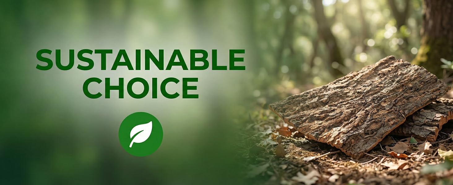 Text reads 'SUSTAINABLE CHOICE' with green leaf icon, overlaid on blurred natural forest floor background with bark texture visible.