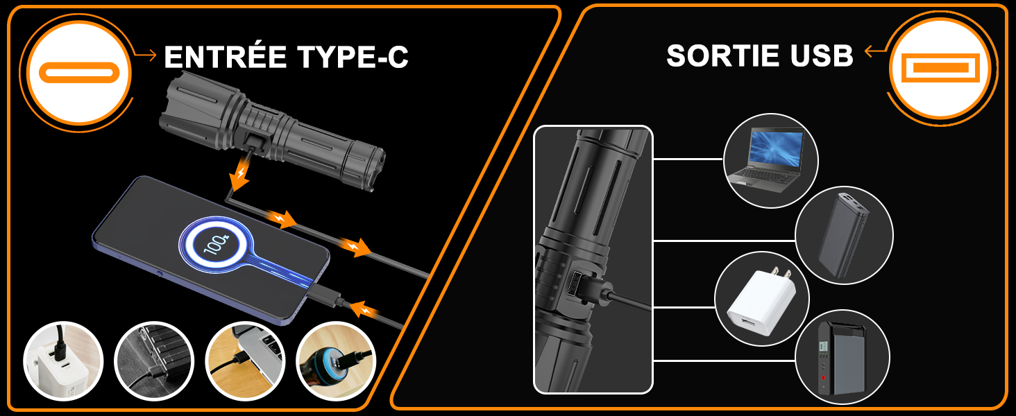 Schéma technique montrant les connexions d'entrée et de sortie USB Type-C avec des icônes et des flèches directionnelles en noir et orange