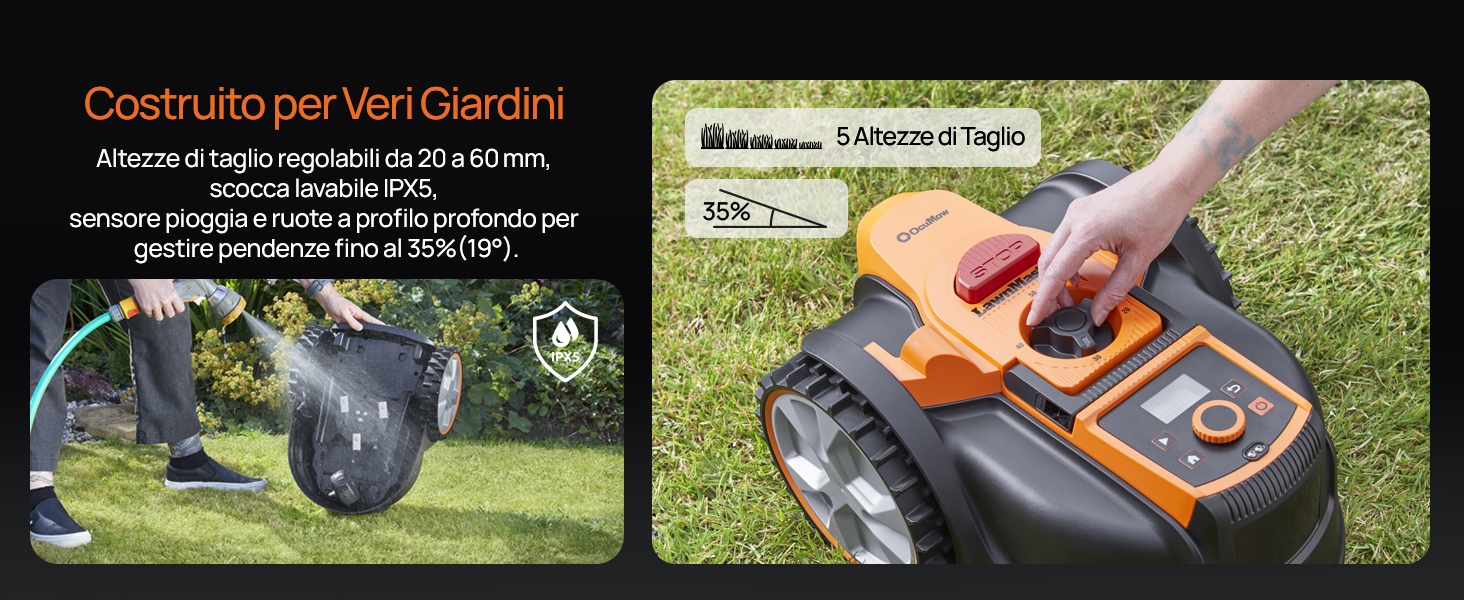 Il testo recita «Costruito per i veri Giardini». La foto del prodotto che mostra un robot rasaerba arancione e nero sull'erba, sembra essere un dispositivo automatico per la manutenzione del giardino.