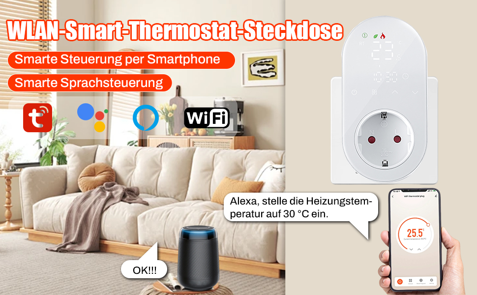 Der Text lautet „WLAN Smart Thermostat Steckdose“. Marketingbild, das die Einrichtung eines Smart-Home-Geräts mit Symbolen für Mobiltelefon, Smart Plug und drahtlose Konnektivität zeigt.