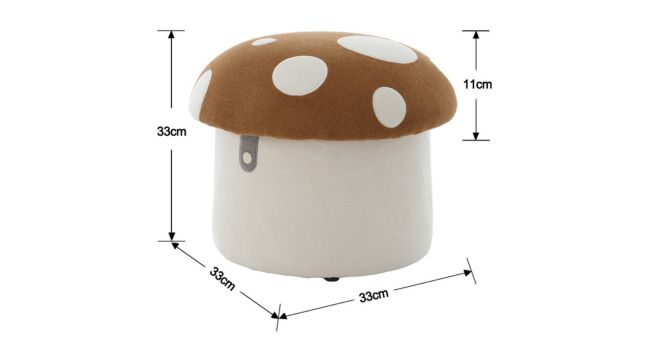 Cream and brown fabric mushroom-shaped storage container with dimensions labeled: 30cm height, 11cm top, 34cm width, 30cm depth. Two white circular decorative elements on brown cap.