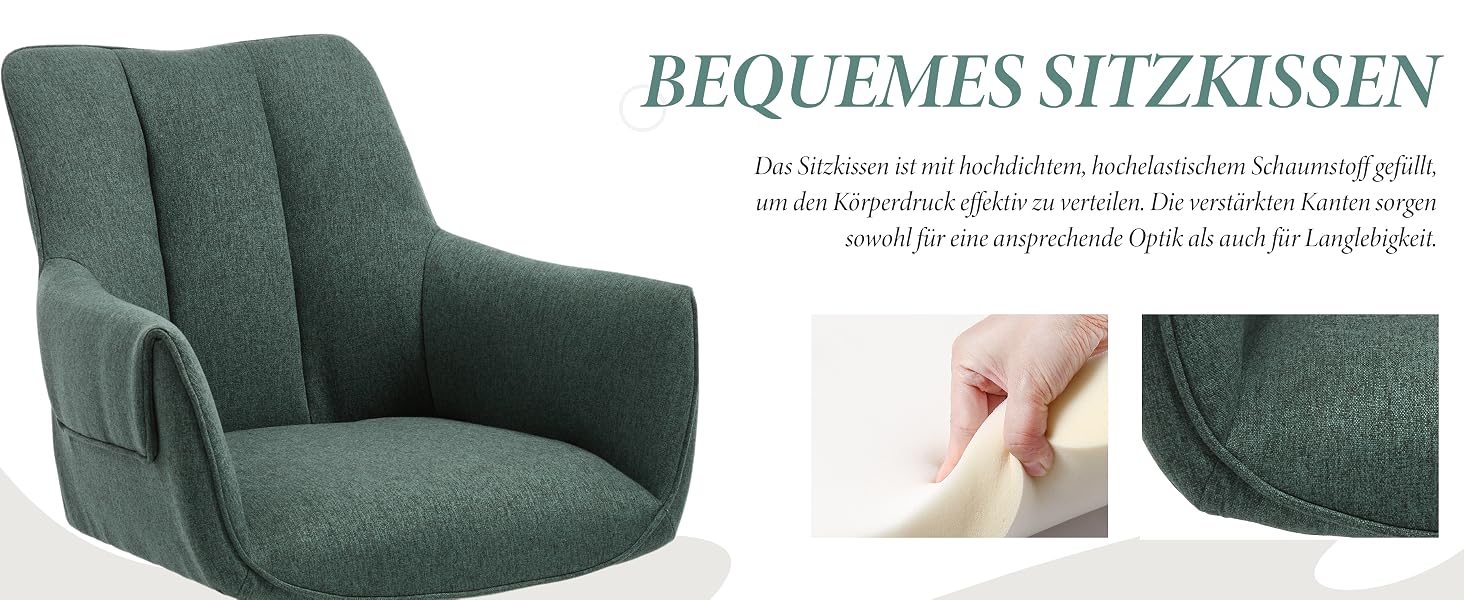 Der Text lautet „BEQUEMES SITZKISSEN“. Moderner Sessel mit dunkelgrauer Polsterung mit Produkteinlage, die Kissendetails und Stoffstruktur zeigt.