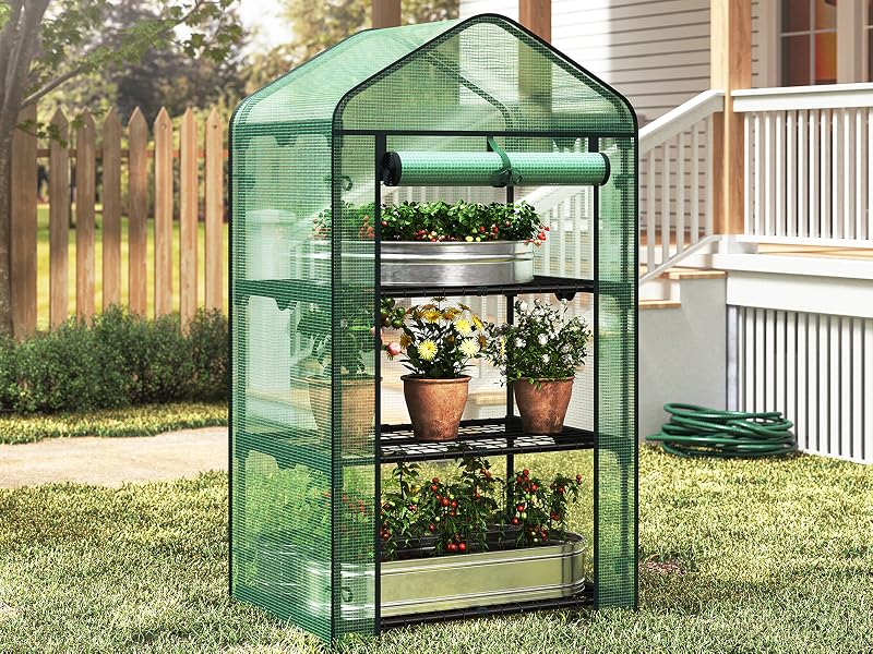 Text reads 'Waltu'.
[SENTENCE 14] Portable greenhouse structure with clear panels shown from multiple angles in backyard setting with plants inside.