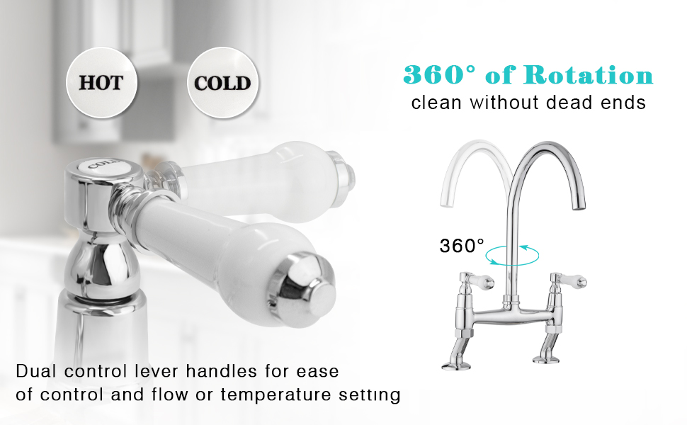 Kitchen faucet with dual control handles for hot and cold water, featuring 360-degree rotation for cleaning without dead ends.