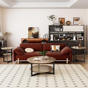 Modern living room with brown leather sofa, coffee table, patterned rug, and kitchenette area. Decorative items and plants visible.