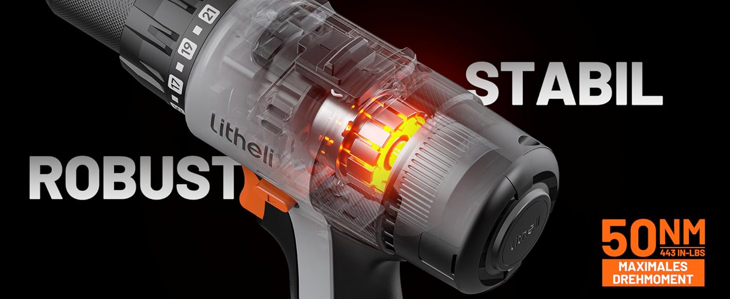 Nahaufnahme eines Elektrowerkzeuggriffs mit LED-Display. Die Texte 'ROBUST' und 'STABIL' sind sichtbar. Auf dem orangefarbenen Etikett steht „50NM“ für die Drehmomentmessung
