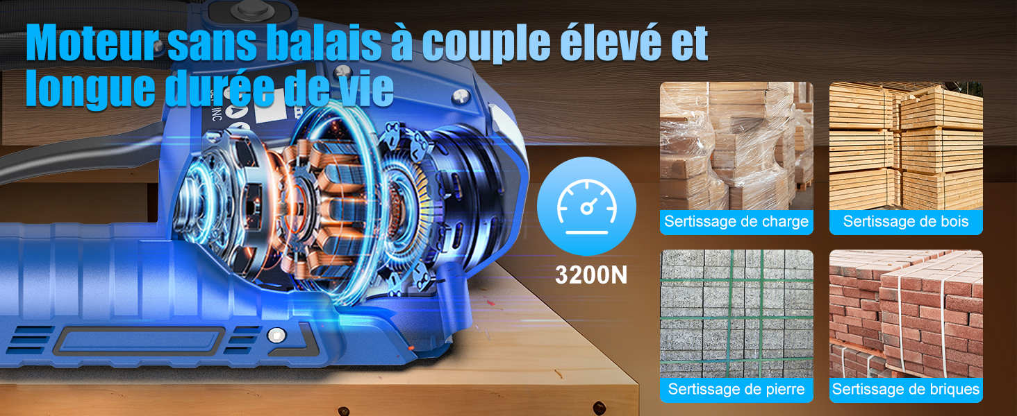 Le texte se lit comme suit : « moteur sans palais a couple eleve et ». Série d'images techniques montrant des composants bleus de machines industrielles et des schémas techniques.