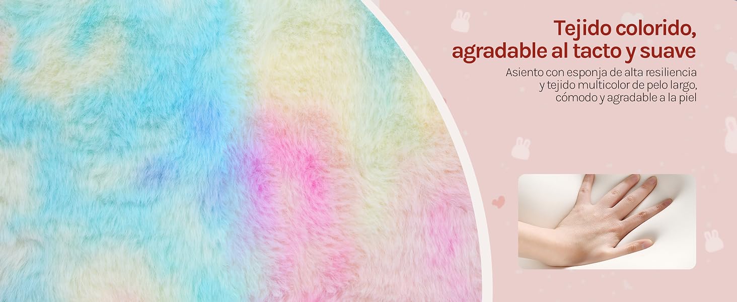 El texto dice «Tejido colorido, agradable al tacto y suave». Fondo de estilo acuarela en azules, rosas y amarillos pastel con imágenes a mano que muestran la textura.