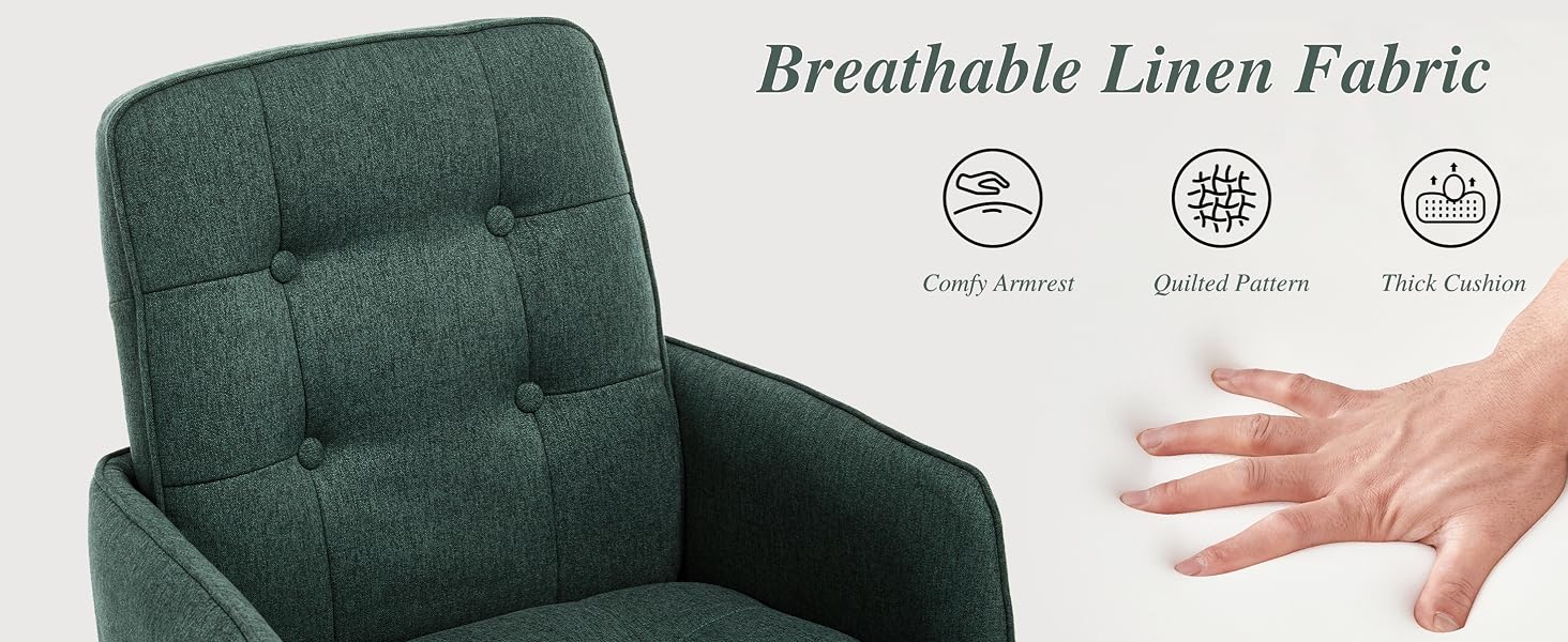 Text reads 'Breathable Linen Fabric' with three circular icons showing product features.