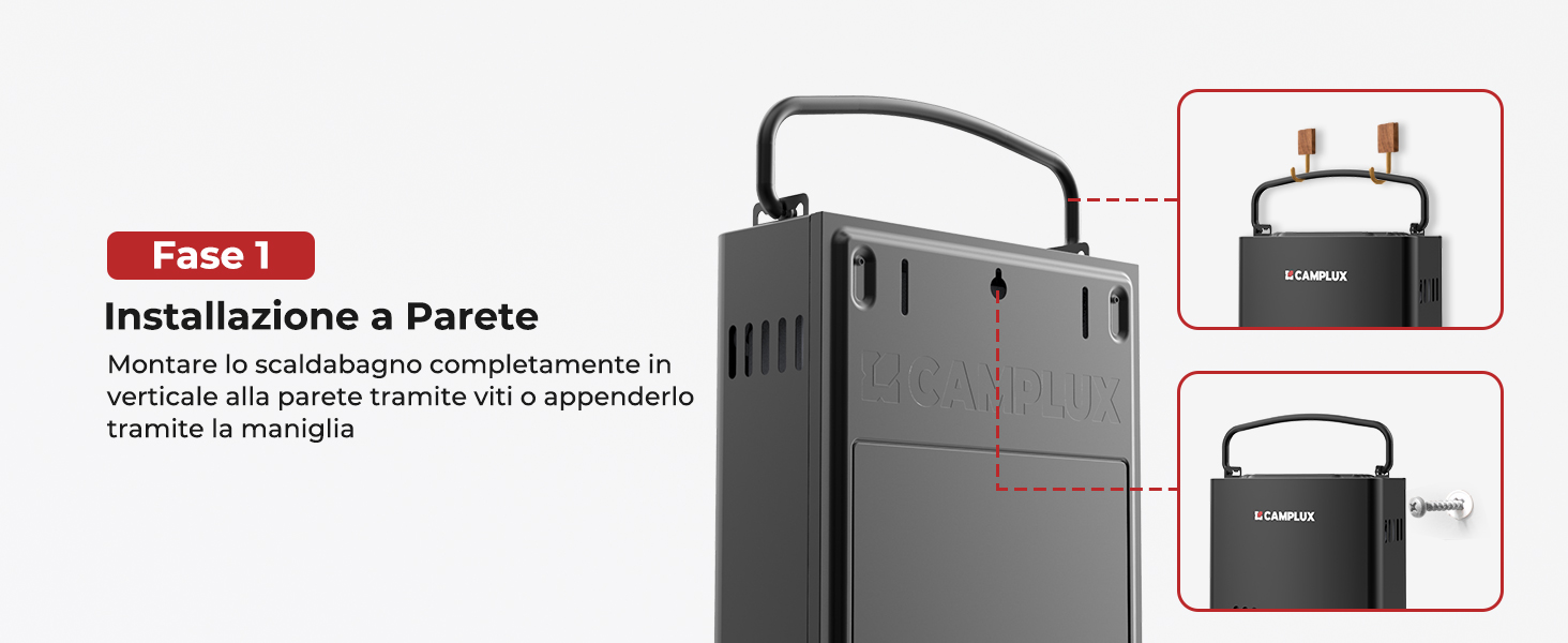Schema di installazione che mostra il dispositivo elettronico nero montato a parete con istruzioni di montaggio dettagliate e viste