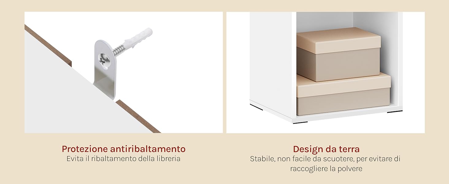 Immagine divisa: a sinistra mostra un dispositivo antiribaltamento bianco per mobili.