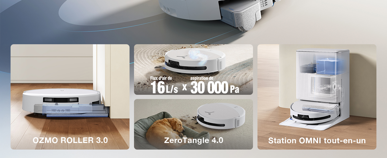 Le texte indique « 100 x +50 000 pieds ». Trois photos de produits montrant : chauffage de terrasse 3 po, ventilateur Zermatt 2.3, table en acier inoxydable. Démontre différents produits de chauffage et de climatisation extérieurs/intérieurs avec des spécifications.