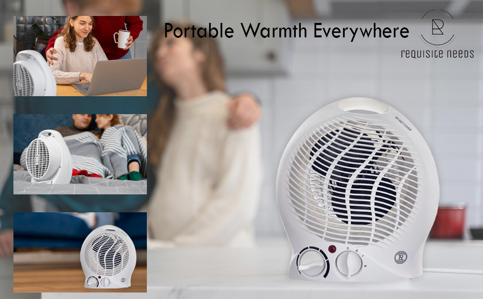 White portable electric heater with adjustable thermostat. Multiple images show usage in different settings. Text reads 'Portable Warmth Everywhere'.