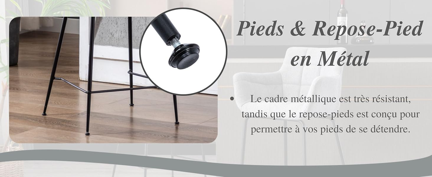 Pieds de chaise en métal avec repose-pieds réglables sur plancher en bois. L'image incrustée montre un gros plan du bonnet rond noir. Le texte décrit le cadre métallique durable et le repose-pieds en français
