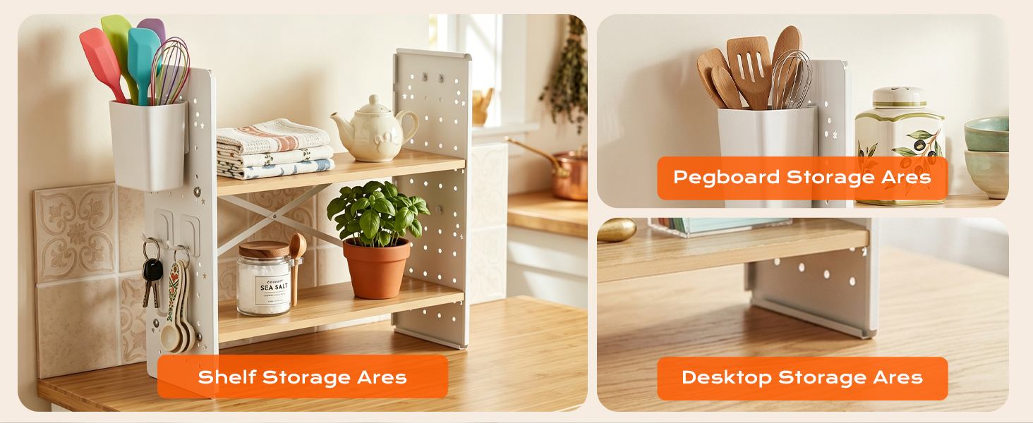 Présentoir d'organisation de rangement intérieur avec étagère contenant des boîtes décoratives, des bocaux, des plantes et des produits d'organisation pour la maison avec des bannières promotionnelles oranges.