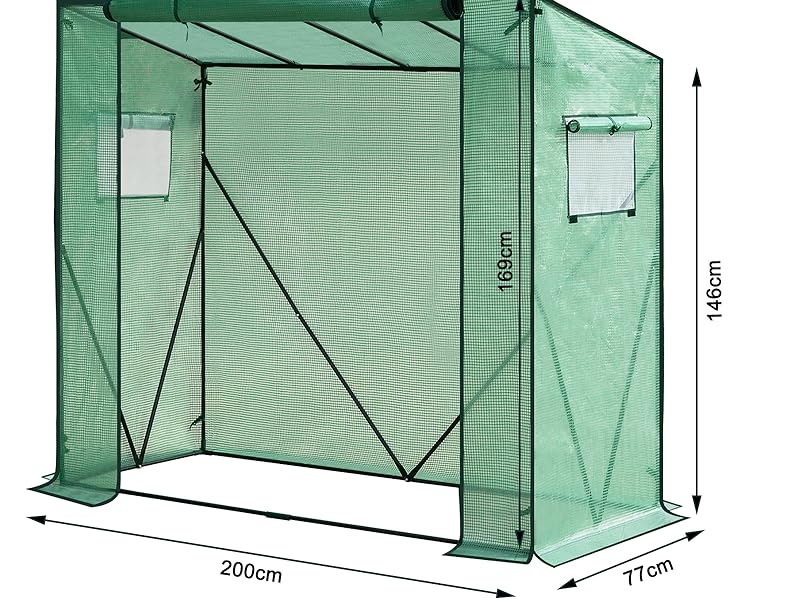 Struttura della serra in rete verde con dimensioni 200 cm x 77 cm x 195 cm. Presenta due piccole finestre e una