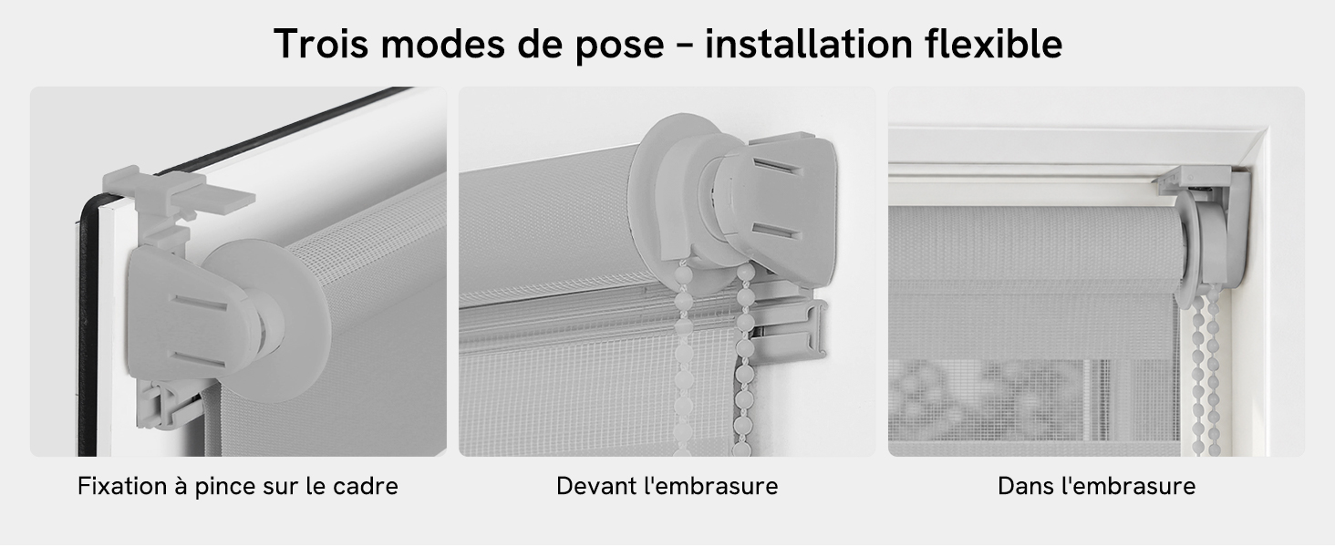 Le texte se lit comme suit : « Trois modes de pose - installation flexible », « Fixation à placo sur le cadre », « Devant l'embrasure », « Dans l'embrasure ». Trois schémas de méthode d'installation montrant les options de montage des stores enrouleurs blancs.