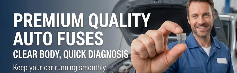 Text reads 'PREMIUM QUALITY AUTO FUSES' and 'CLEAR BODY, QUICK DIAGNOSIS' with tagline 'Keep your car running smoothly.' Man displaying transparent automotive fuse cartridge for vehicle electrical system.