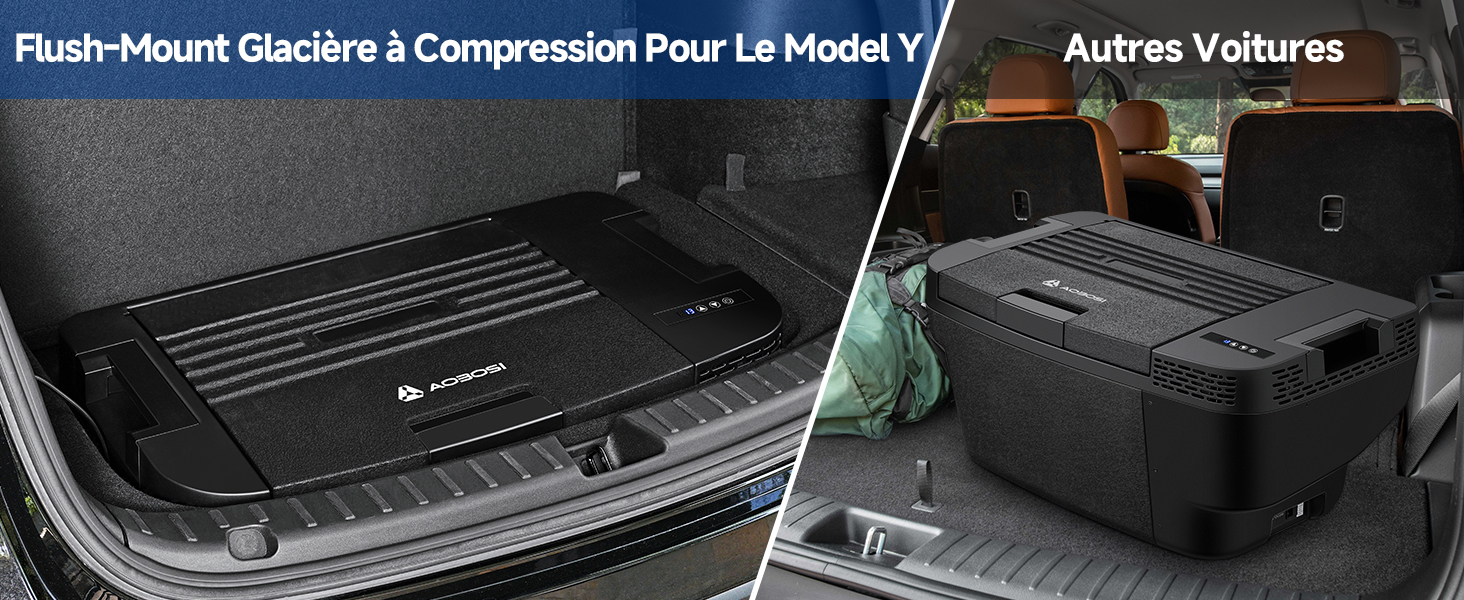 comparant le rangement dans le coffre d'une voiture : la gauche montre la glacière intégrée, la droite montre la glacière portable dans la zone de chargement. Les deux présentent des motifs noirs striés pour une fonctionnalité de refroidissement.