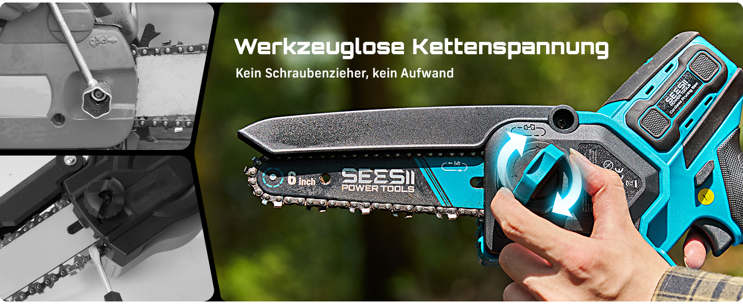 Der Text lautet „Werkzeuglose Kettenspannung“. Mehrere Bilder zeigen die werkzeuglose Kettenverstellung an scheinbar motorgetriebenen Geräten.