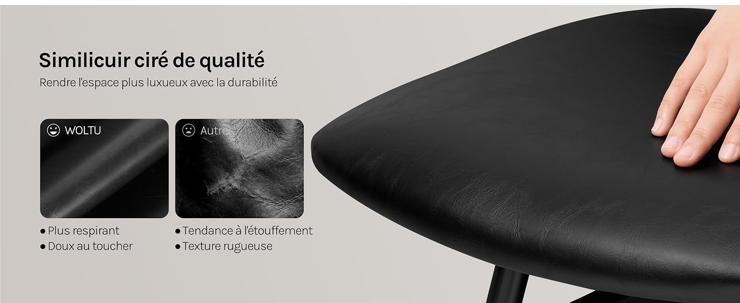 Le texte se lit comme suit : « Similicuir clef de qualité ». Photos rapprochées du produit montrant la texture du matériau en similicuir noir et les détails des coutures.