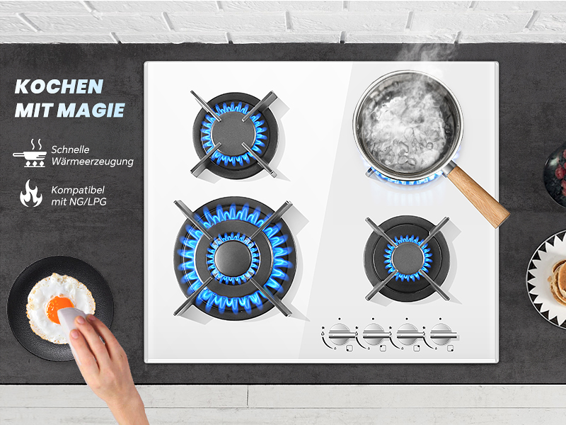 une plaque de cuisson avec une flamme bleue et une poêle dessus.