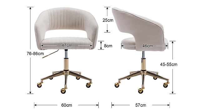 Schéma technique des dimensions de la chaise de bureau indiquant les mesures de hauteur, de largeur et de profondeur avec dossier incurvé rembourré gris