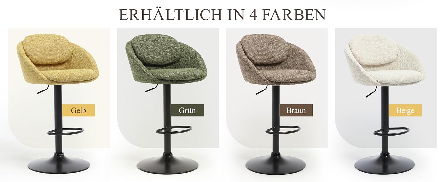 Der Text lautet „ERHÄLTLICH IN 4 FARBEN“. Vier verstellbare Barhocker mit geschwungenen Plüschsitzen in den Farben Beige, Olivgrün, Braun und Creme auf schwarzen Sockeln.