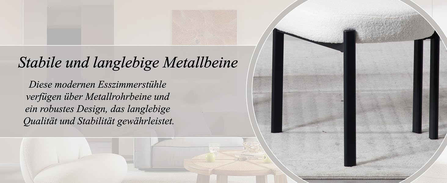 Der Text lautet „Stabile und langlebige Metallbeine“. Das Bild zeigt eine weiße Matratze oder ein weißes Bettwäsche-Produkt mit Metalltragstruktur.