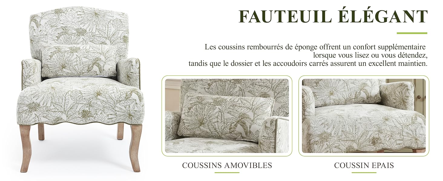 Le texte indique « FAUTEUIL ÉLÉGANT ». Liste de produits présentant plusieurs vues d'un élégant fauteuil rembourré avec un tissu à motif floral et des pieds en bois.