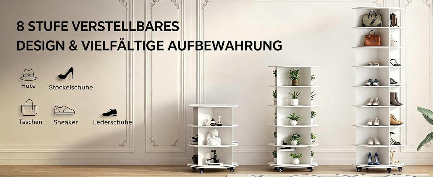 Der Text lautet „8 STUFENSTELLBARES DESIGN &amp; VIELFÄLTIGE AUFBEWAHRUNG“ mit einem Lagerregal, das mehrere weiße Boxen und organisatorische Gegenstände an der Wand enthält.