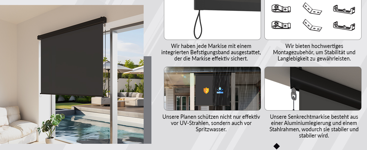 Zusammengesetztes Bild, das ein schwarzes Rollo in einem Fenster zeigt, mit Diagrammen, die Funktionen wie Lichtblockierung, Geräuschreduzierung und einfache Installation veranschaulichen