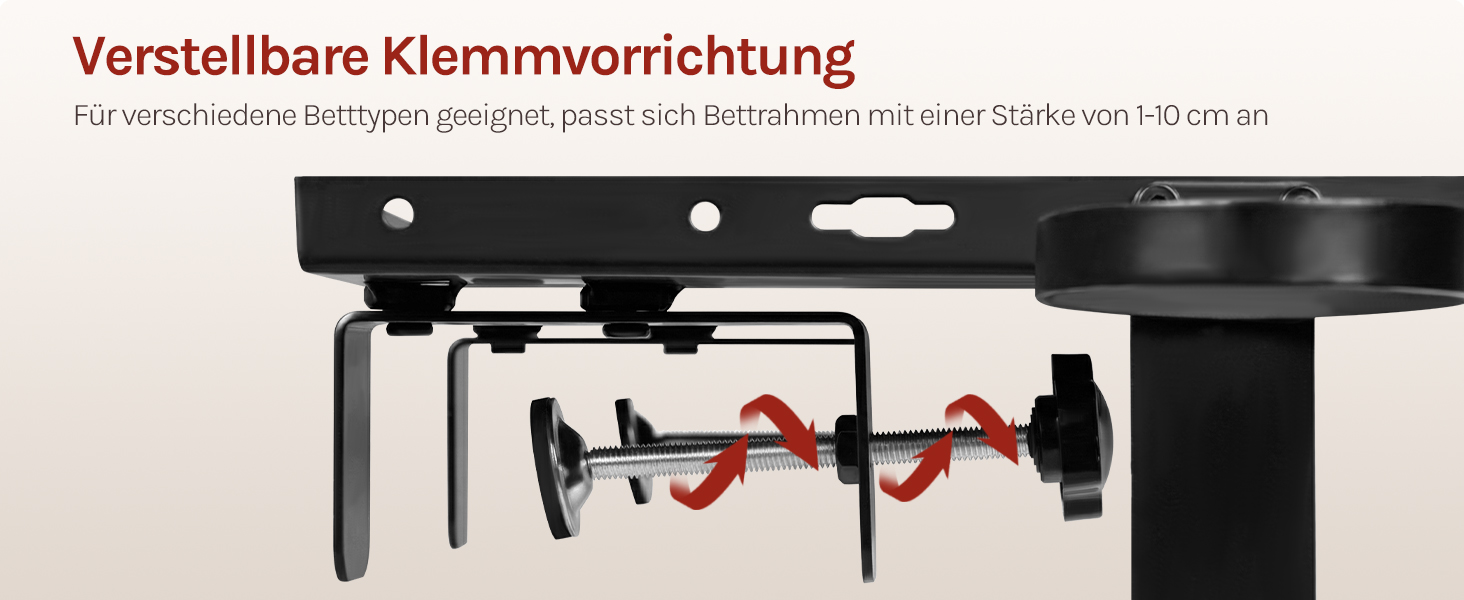 Der Text lautet „Einstellbare Klemmvorrichtung“. Technisches Diagramm, das den verstellbaren Klemmmechanismus mit roten und schwarzen Komponenten in Explosionsdarstellung zeigt.