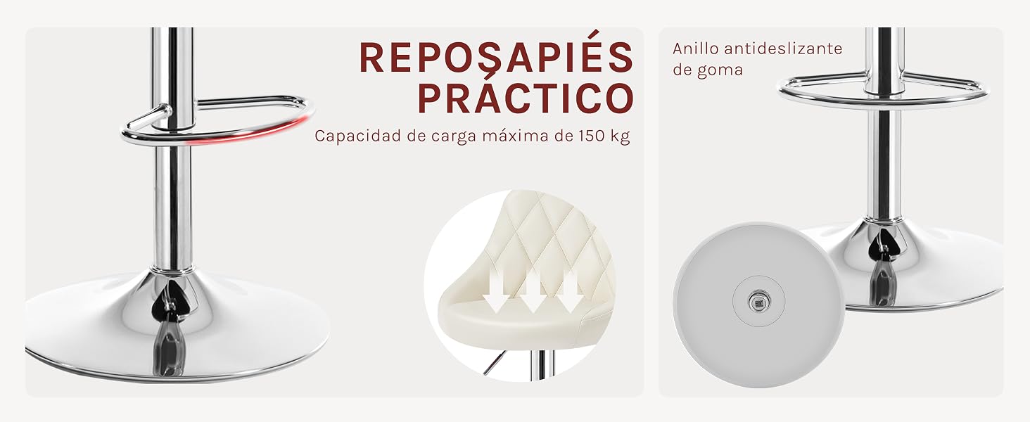 para taburetes de bar. Cuenta con una base circular, un poste central y un anillo de reposapiés curvo. La almohadilla acolchada blanca del asiento se muestra por