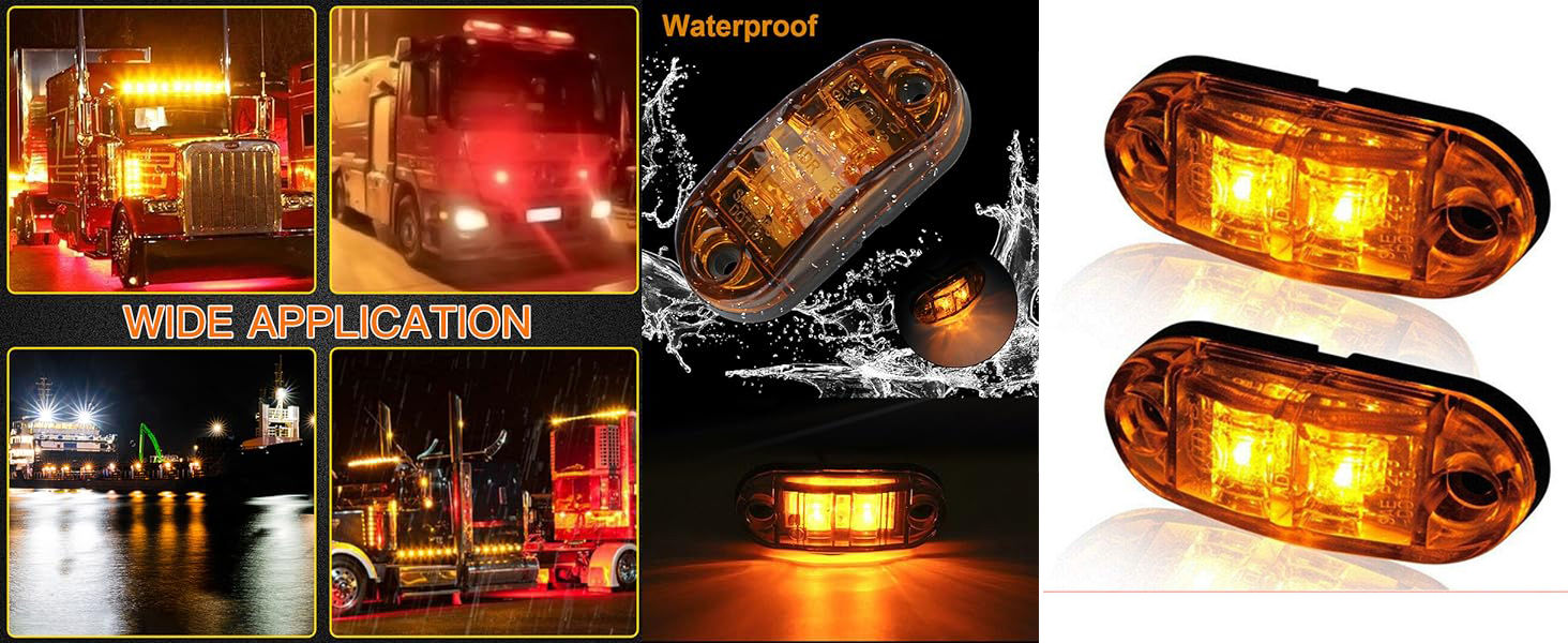 Para vehículos. Composición con impermeabilidad, visibilidad nocturna en camiones y un primer plano de luces ovaladas con dos secciones iluminadas