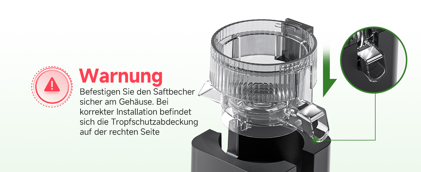 Der Text lautet „Warnung“, gefolgt von einem deutschen Text über Wasserlecks. Das Bild zeigt einen transparenten zylindrischen Behälter mit grüner Taste/Sensoranzeige auf weißem Hintergrund.