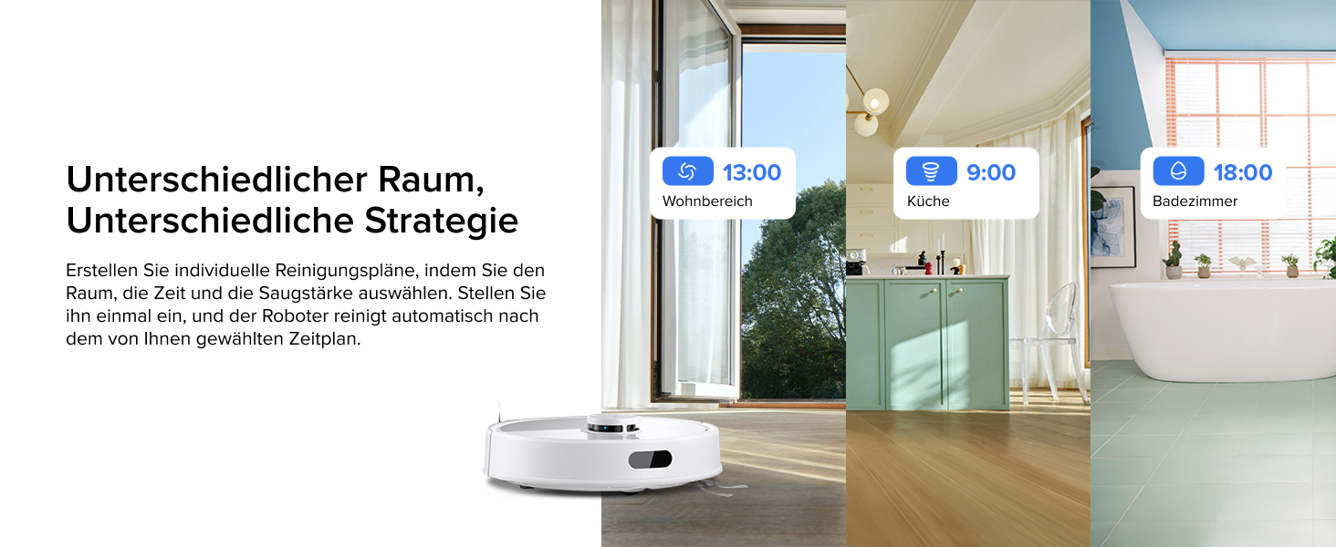 Roboterstaubsauger auf Hartholzboden in einem hellen, modernen Innenraum mit großen Fenstern. Drei Panels zeigen, wie das Gerät zu unterschiedlichen Tageszeiten funktioniert