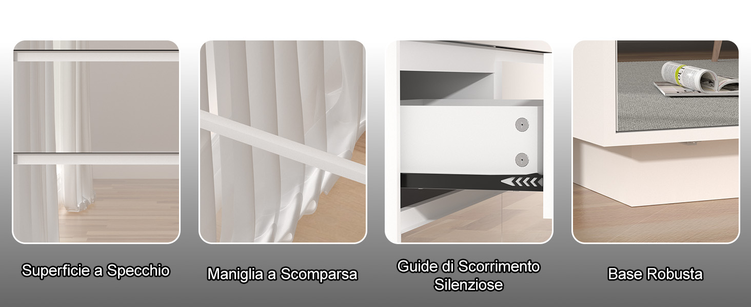 Miniature delle caratteristiche del prodotto che mostrano diverse angolazioni e dettagli della credenza, inclusi vani portaoggetti, finitura superficiale e pannelli interni.