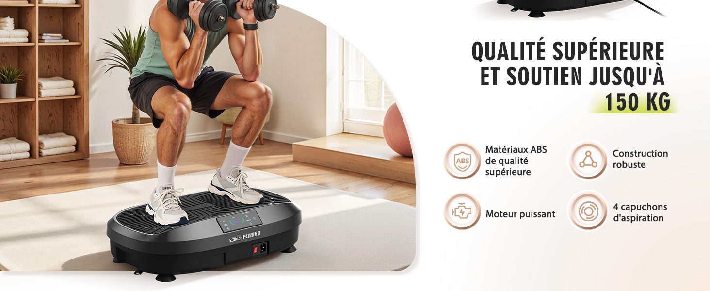 avec une personne démontrant son utilisation. L'appareil est doté d'un matériau ABS, d'une construction robuste, d'un moteur puissant et supporte jusqu'à 150 kg. Le texte indique une qualité supérieure.