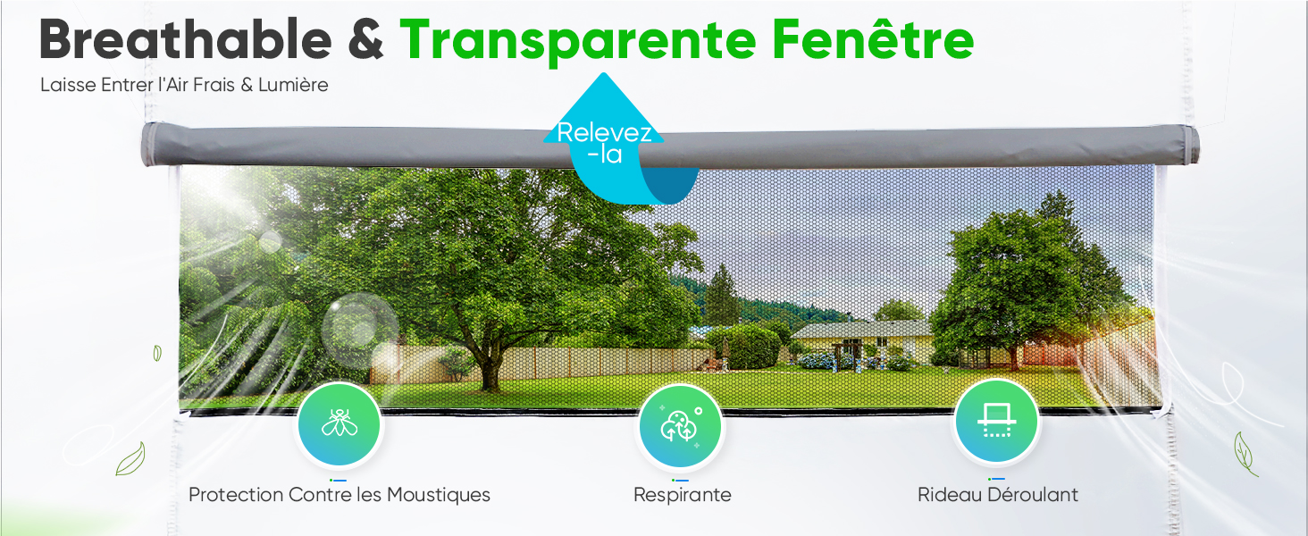 Le texte indique « Fenêtre respirante et transparente ». Diagrammes des caractéristiques de plusieurs produits montrant le système de ventilation des fenêtres avec les composants étiquetés et les spécifications.