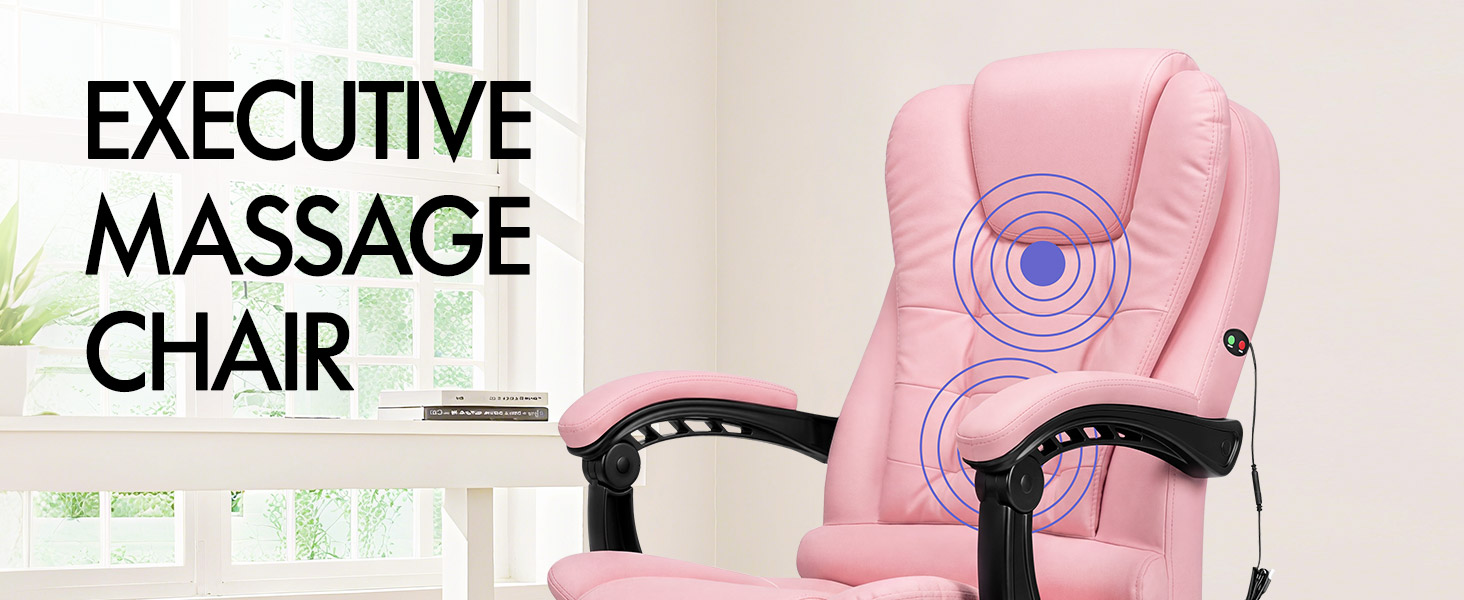 Text reads "EXECUTIVE MASSAGE CHAIR". Pink massage chair with black armrests and control panel, featuring upper back massage zone visualization.