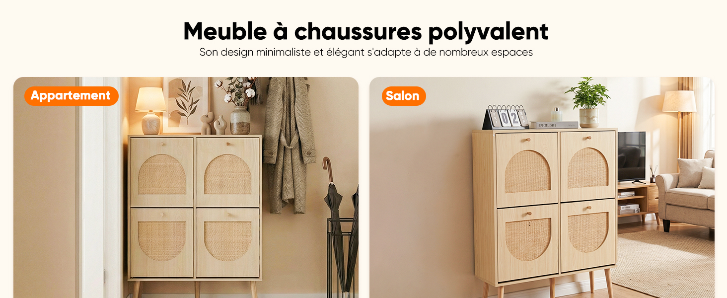 Le texte indique « Meublé à chaussures polyvalent ». Meuble de rangement ou rangement à chaussures en bois de couleur claire présenté sous différents angles dans un cadre domestique.