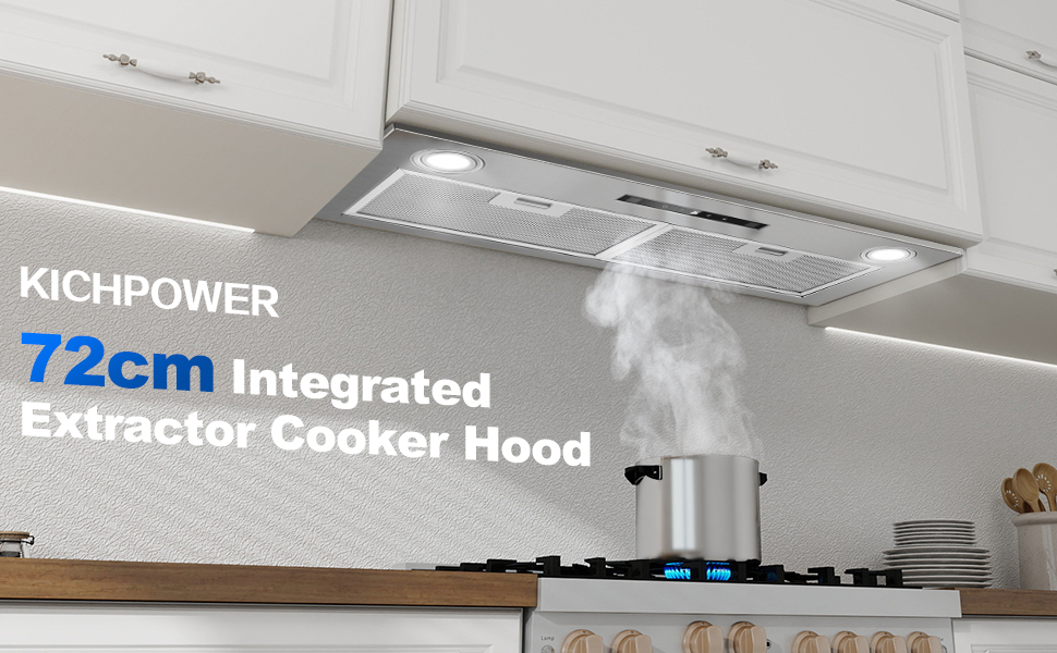 Le texte indique « Hotte aspirante ». Vue de l'installation des appareils de cuisine montrant une hotte de cuisine en acier inoxydable montée au-dessus de la cuisinière.