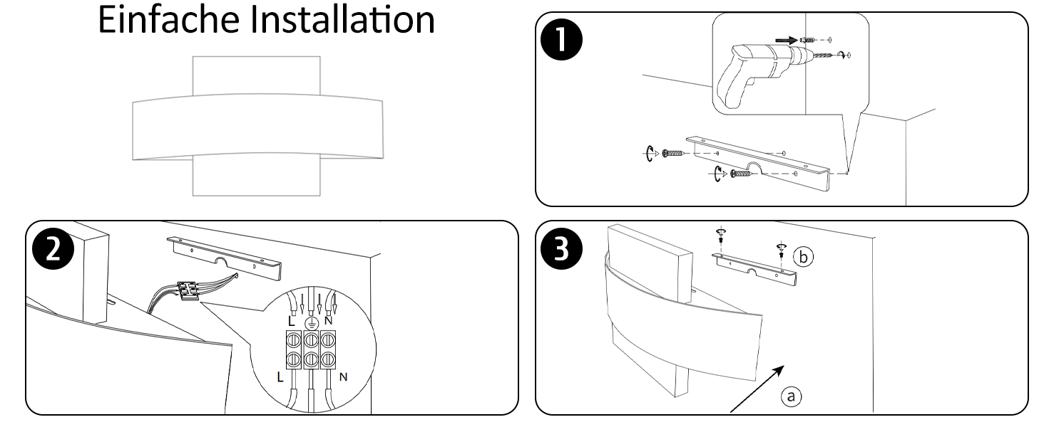 Der Text lautet: 'Einfache Installation'. Die dreiteilige Montageanleitung zeigt die schematischen Schritte mit den Nummern 1—3.