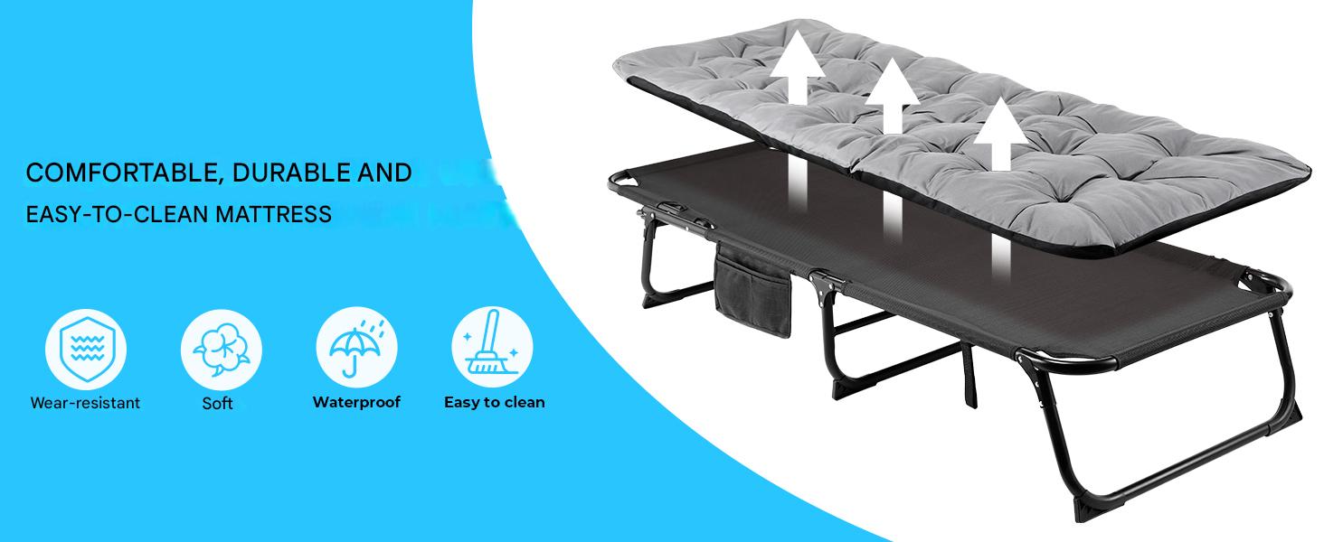 Text reads 'COMFORTABLE, DURABLE AND EASY TO CLEAN MATTRESS' with product icons. Shows a black folding camp bed or portable mattress frame with mesh surface.