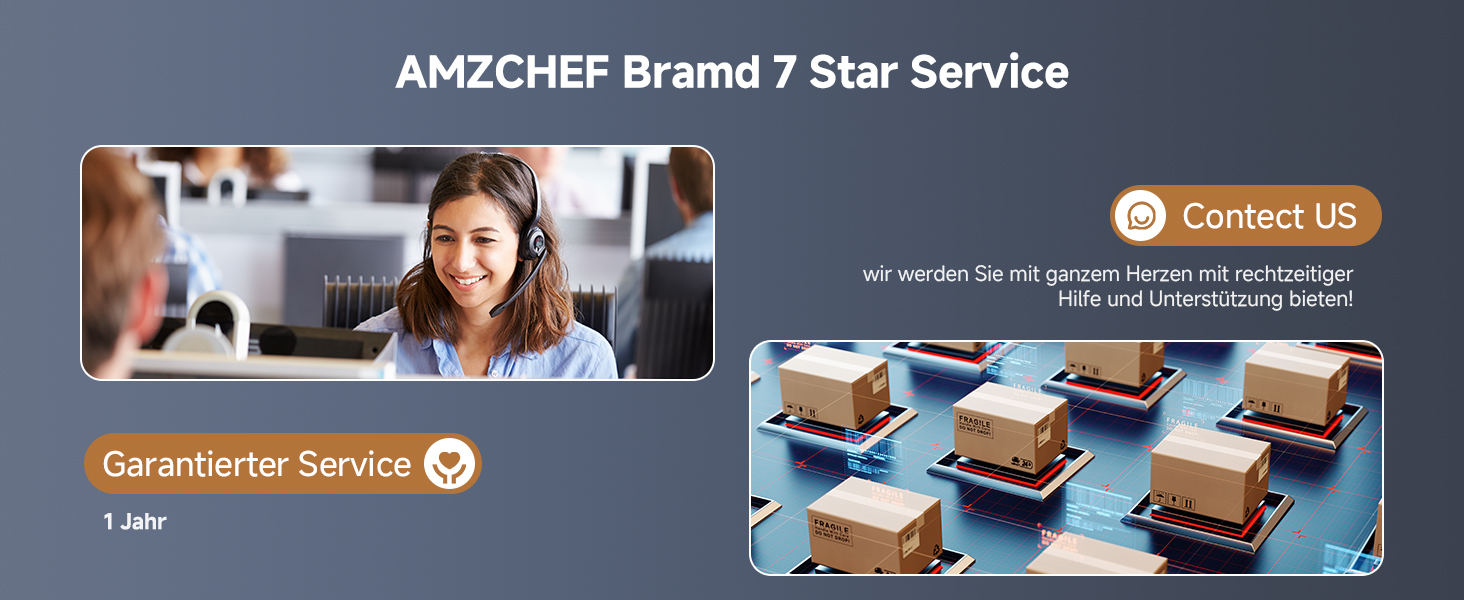 Der Text lautet „AMZCHEF Brand 7 Star Service“, „Garantierter Service“ und „Kontaktieren Sie uns“. Geteiltes Bild mit repräsentativem Bild und mehreren in Reihen angeordneten zubereiteten Lebensmitteln.